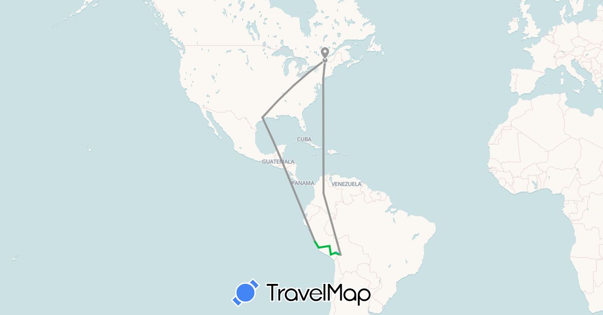 TravelMap itinerary: bus, plane, boat in Bolivia, Canada, Colombia, Peru, United States (North America, South America)